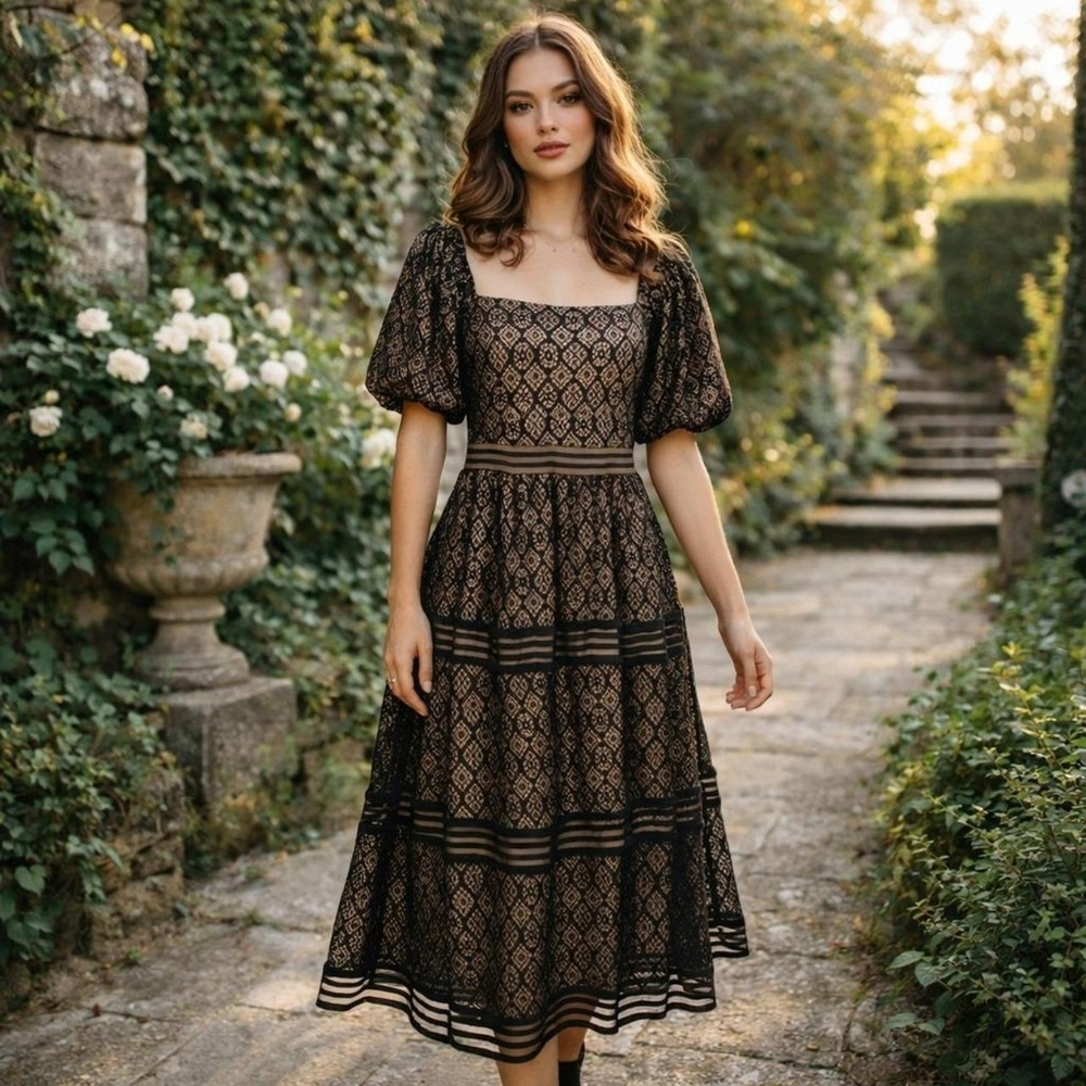 Polagram Black and Gold Midi Dress with Puff Sleeves